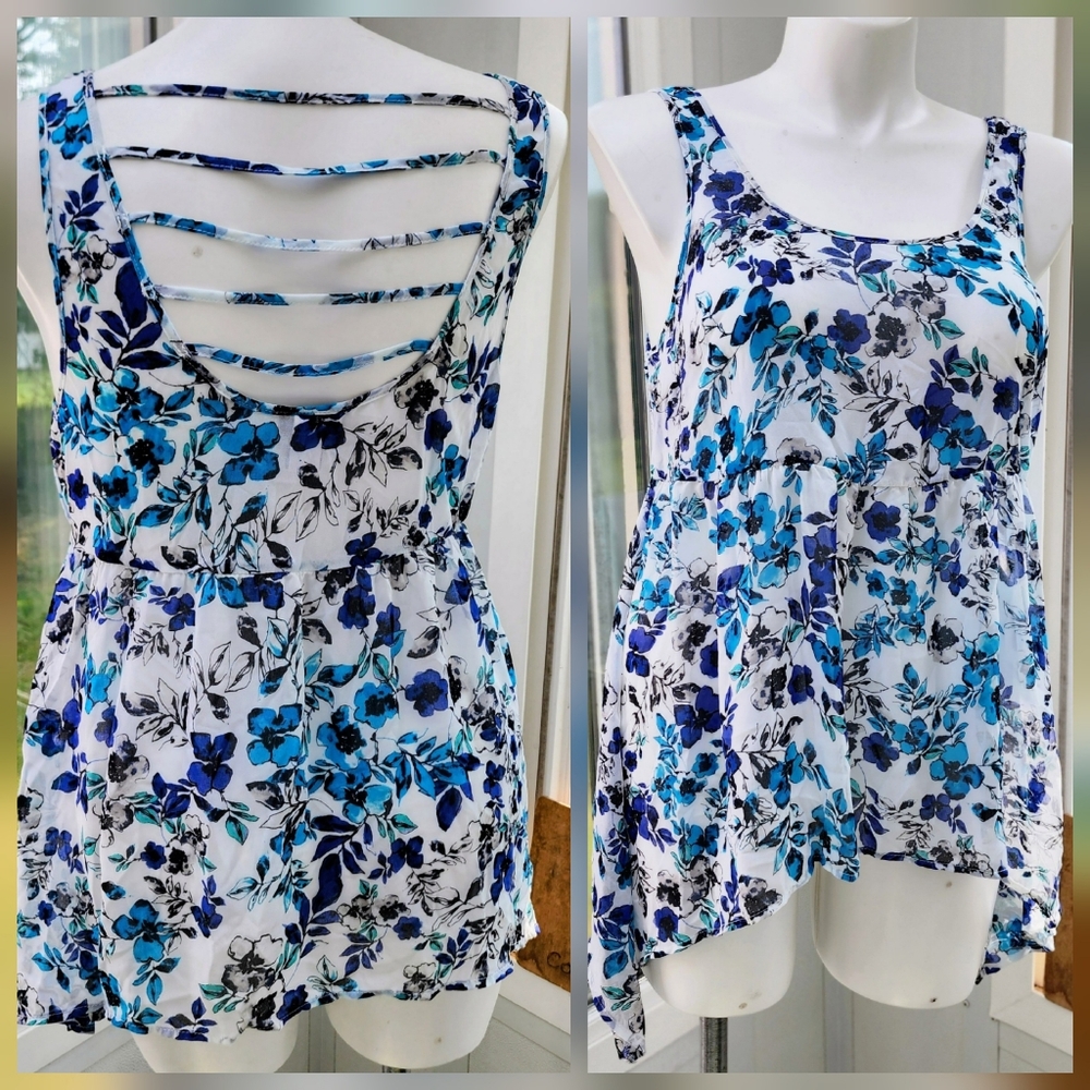 TORRID Blue & White Floral High Low Shredded Back Tank Top